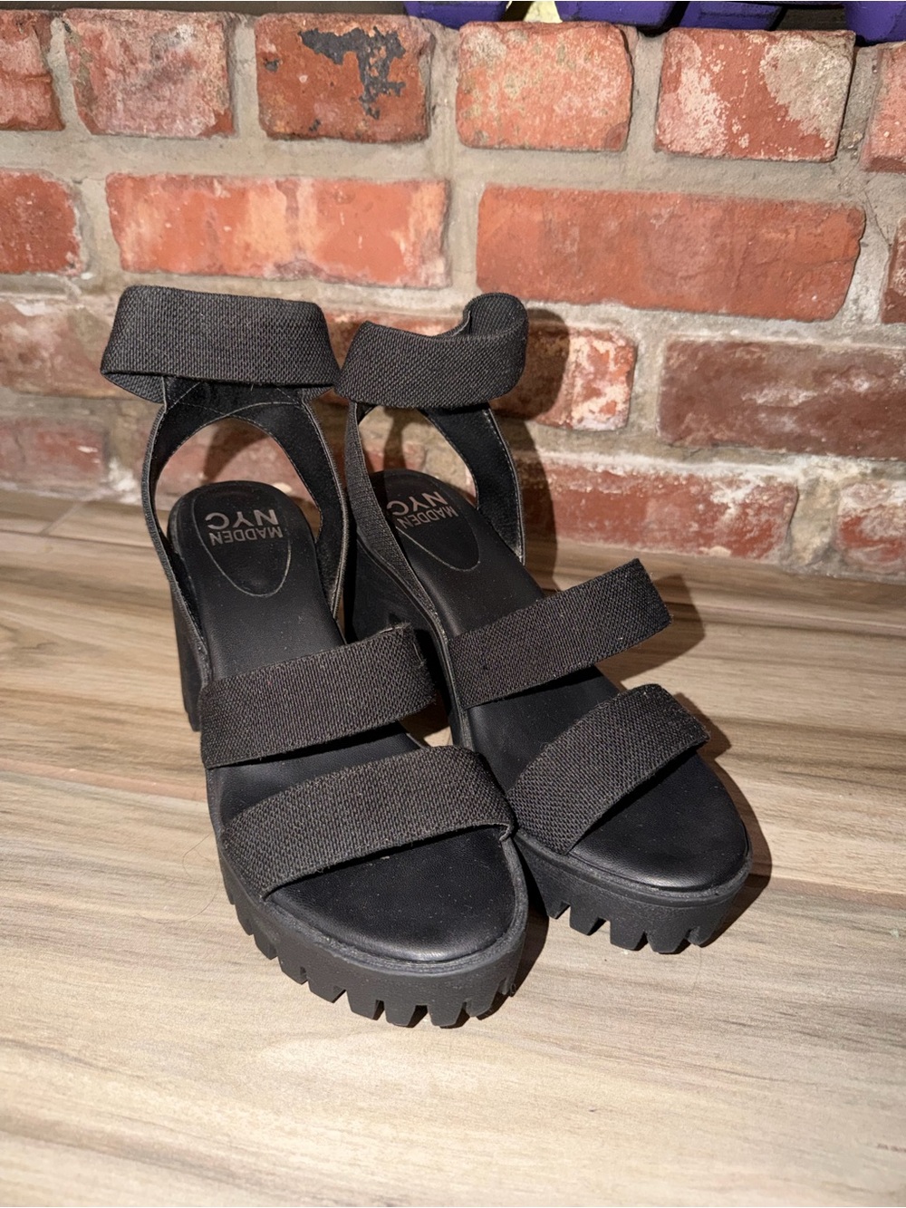 Madden NYC Black Strappy Platform Sandals with Lug Sole